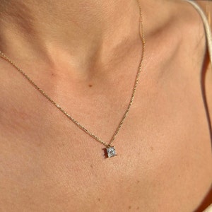 14K Solid Gold Baguette Necklace, Dainty Diamond Necklace