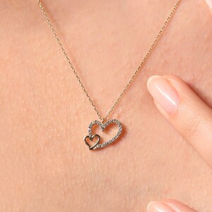 14k Solid Gold Double Heart Necklace, Intertwined, Cubic Zirconia, Interlocking Hearts Necklace, Dainty Valentines Day Gift