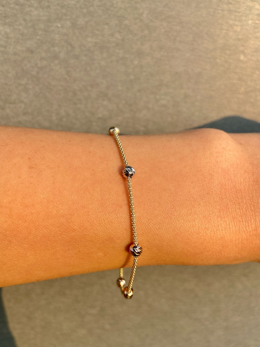 14k Solid Gold Beaded Bracelet, Multi Color Dorica Shiny Ball Bracelet