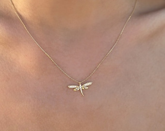 14k Gold Dragonfly Charm Necklace: Dainty Gold Pendant