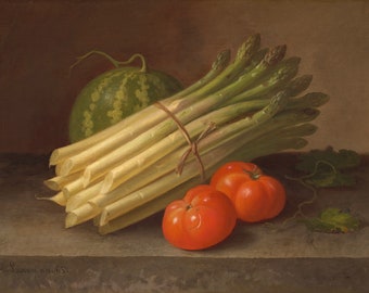 Oil Painting Still Life, Asparagus, Tomatoes, and a Squash, Paul Lacroix 1865, French Kitchen Art, Autumn Still Life, Restaurant Art