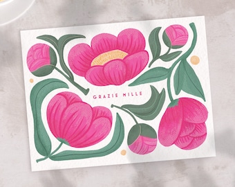 Hand Illustrated Rome-Inspired Grazie Mille Thank You Cards, Magenta Pink, Set of 8, 16 or 24, Blank Inside