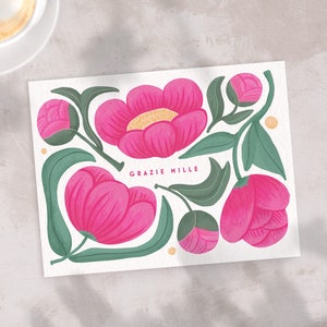 Hand Illustrated Rome-Inspired Grazie Mille Thank You Cards, Magenta Pink, Set of 8 or 16, Blank Inside