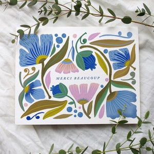 Hand Illustrated Merci Beaucoup Floral Thank You Cards, Lavender Blue, Set of 8 or 16, Blank Inside