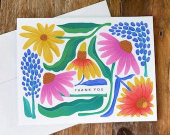 Hand Illustrated Colorful Wildflowers Thank You Cards, Set of 8, 16 or 24, Blank Inside