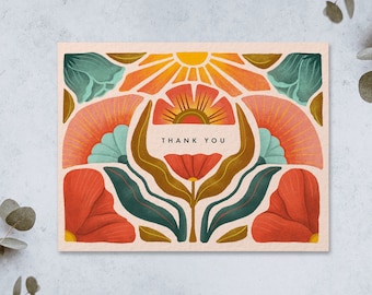 Hand Illustrated Sunny Blooms Thank You Cards, Light Pink, Sets of 8 or 16, Blank Inside