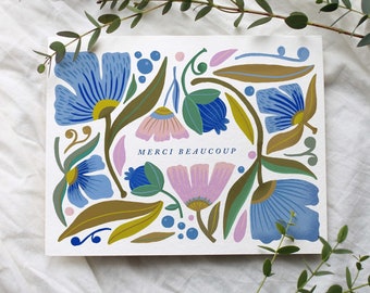 Hand Illustrated Merci Beaucoup Floral Thank You Cards, Lavender Blue, Set of 8 or 16, Blank Inside