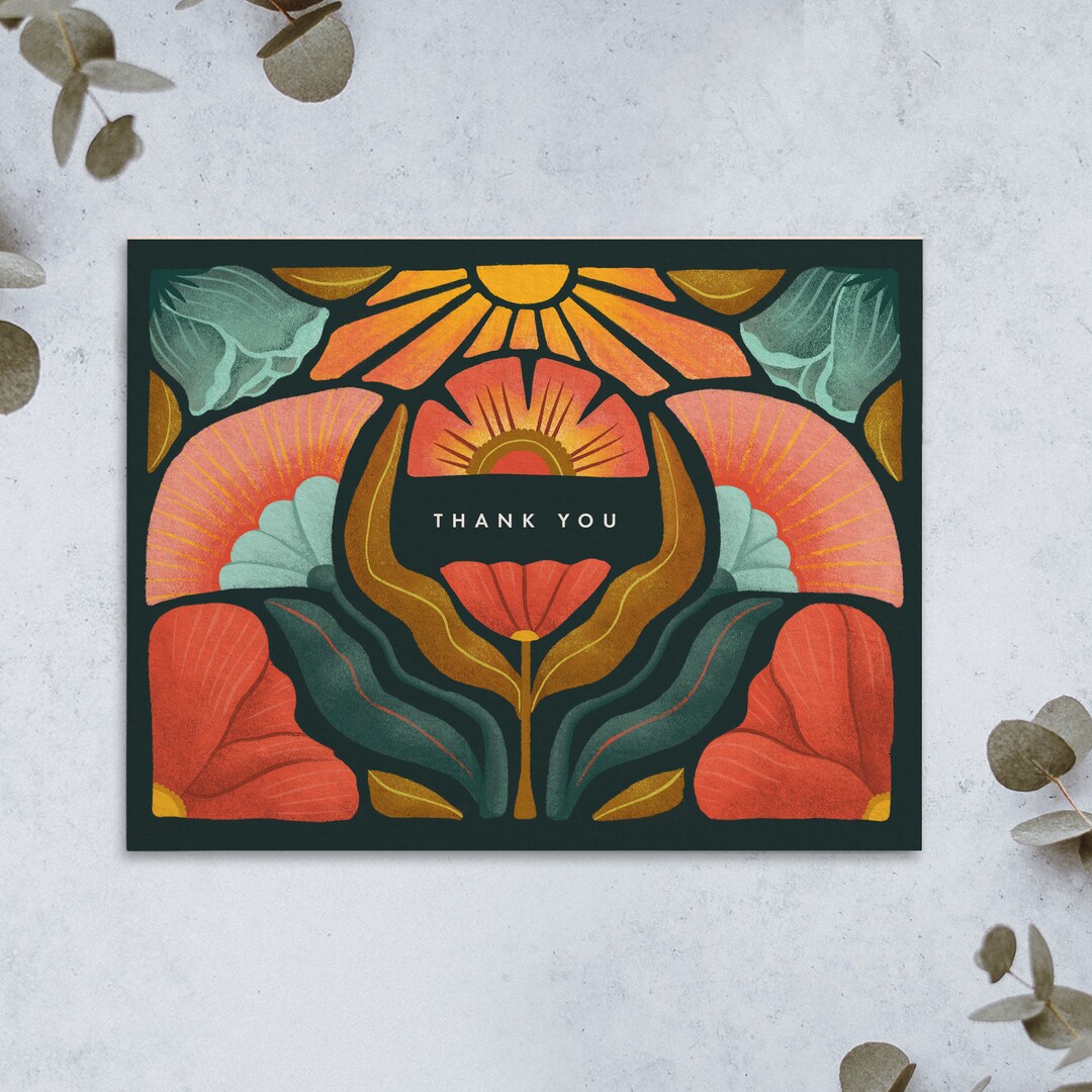 Hand Illustrated Floral Thank You Cards: Emerald Green Stationery Set ...