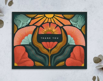 Hand Illustrated Sunny Blooms Thank You Cards, Dark Emerald Green, Set of 8 or 16, Blank Inside