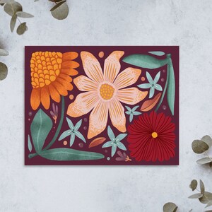Hand Illustrated Rich Plum, Orange and Maroon Floral Cards, Set of 8 or 16, Blank Inside