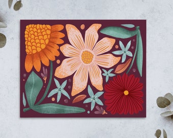 Hand Illustrated Rich Plum, Orange and Maroon Floral Cards, Set of 8 or 16, Blank Inside