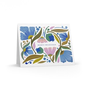 Hand Illustrated Merci Beaucoup Floral Thank You Cards, Lavender Blue, Set of 8 or 16, Blank Inside image 2