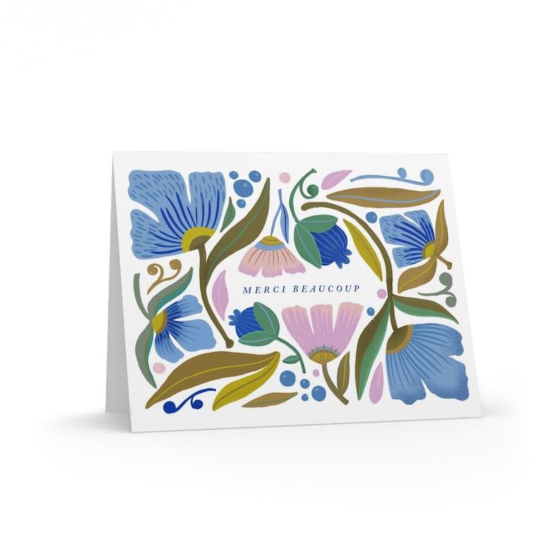 Hand Illustrated Merci Beaucoup Floral Thank You Cards, Lavender Blue, Set of 8 or 16, Blank Inside image 2