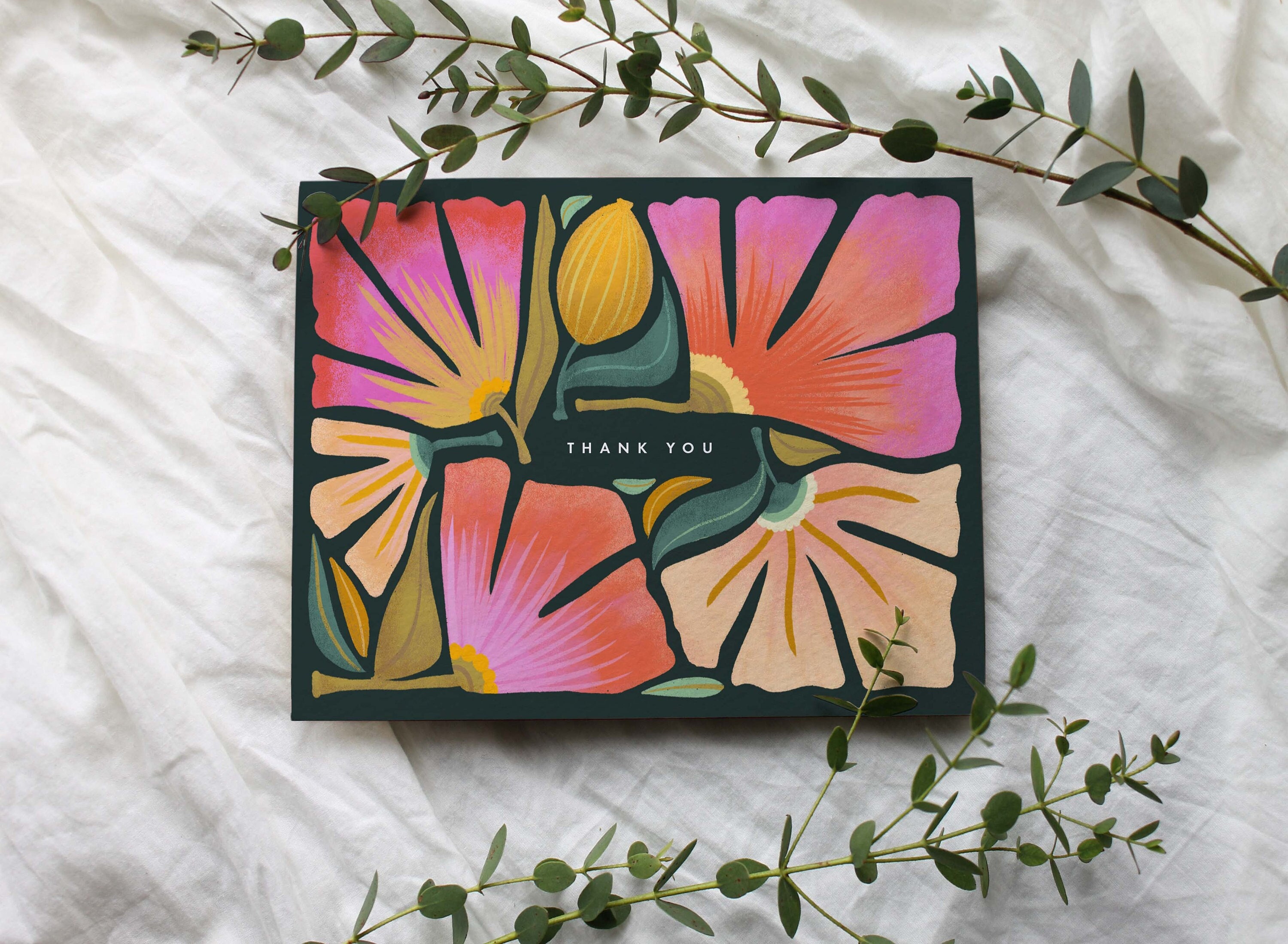 Hand Illustrated Lush Botanical Thank You Cards, Dark Green, Set of 8, 16 or 24, Blank Inside