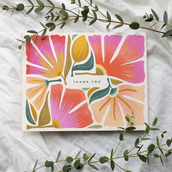 Hand Illustrated Lush Botanical Thank You Cards, Ivory, Set of 8, 16 or 24, Blank Inside