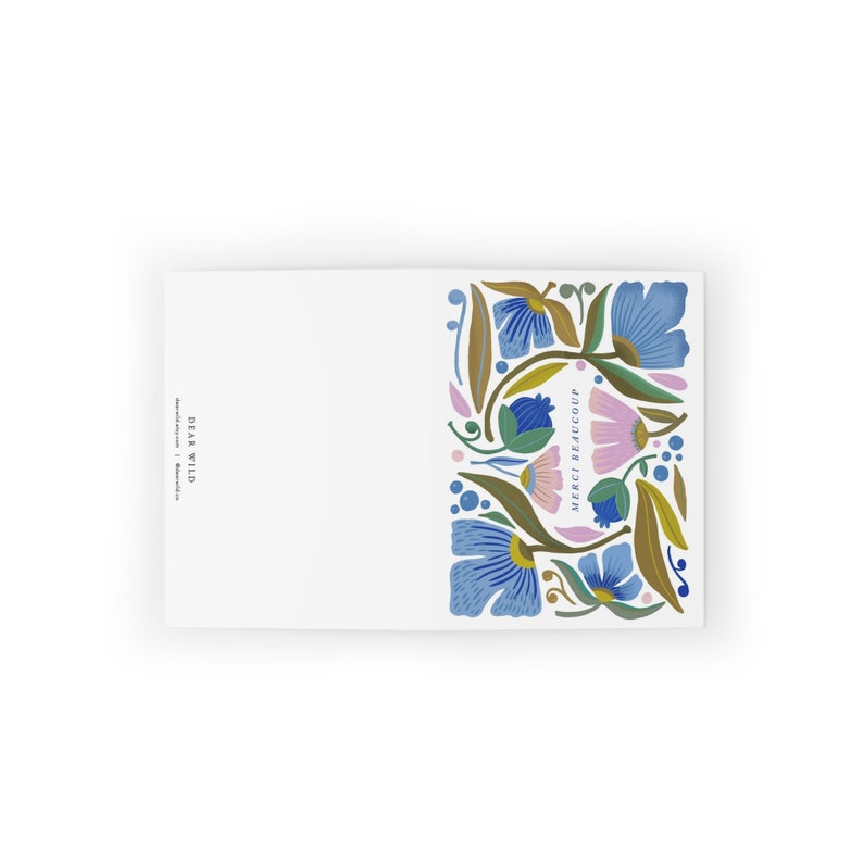 Hand Illustrated Merci Beaucoup Floral Thank You Cards, Lavender Blue, Set of 8 or 16, Blank Inside image 3