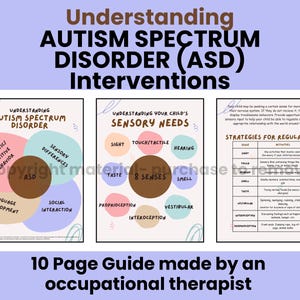 May include: A 10-page guide on Autism Spectrum Disorder (ASD) interventions, created by an occupational therapist. The guide includes information on sensory needs, strategies for regulating, and understanding ASD.