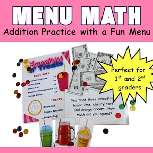 Puede incluir: Un póster educativo rosa titulado "MENU MATH" con "Práctica de suma con un menú divertido". Presenta un menú con opciones de batidos y golosinas, dinero de juguete y una pregunta sobre el coste total. Incluye ilustraciones coloridas.