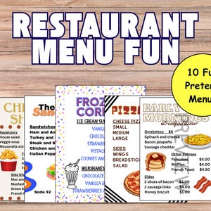 May include: A collection of colorful pretend restaurant menus with the text "Restaurant Menu Fun." The menus include options for appetizers, sandwiches, pizza, ice cream, and breakfast items. A yellow circle reads "10 Fun Pretend Menus."