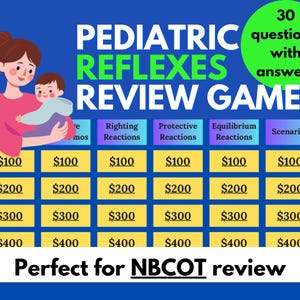 Könnte beinhalten: Ein blaues Spielbrett mit dem Text "Pediatric Reflexes Review Game" und einem Cartoon einer Mutter, die ein Baby hält. Das Spiel enthält 30 Fragen mit Antworten und ist perfekt für die NBCOT-Überprüfung.
