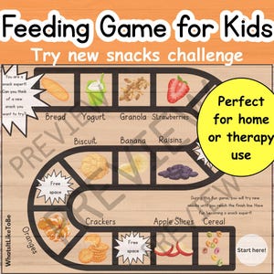 May include: A wooden board game titled "Feeding Game for Kids" with the text "Try new snacks challenge." The game board features illustrations of various snacks like bread, yogurt, and strawberries. A yellow circle states "Perfect for home or therapy use."