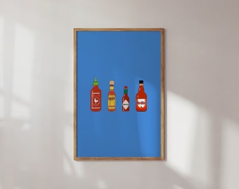 Hot Sauce Print, Hot Sauce Illustration, Printable Wall Art, Digital Download, Fine Art Print, Foodie Wall Art
