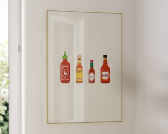 Hot Sauce Print, Hot Sauce Illustration, Printable Wall Art, Digital Download, Fine Art Print, Foodie Wall Art - Neutral