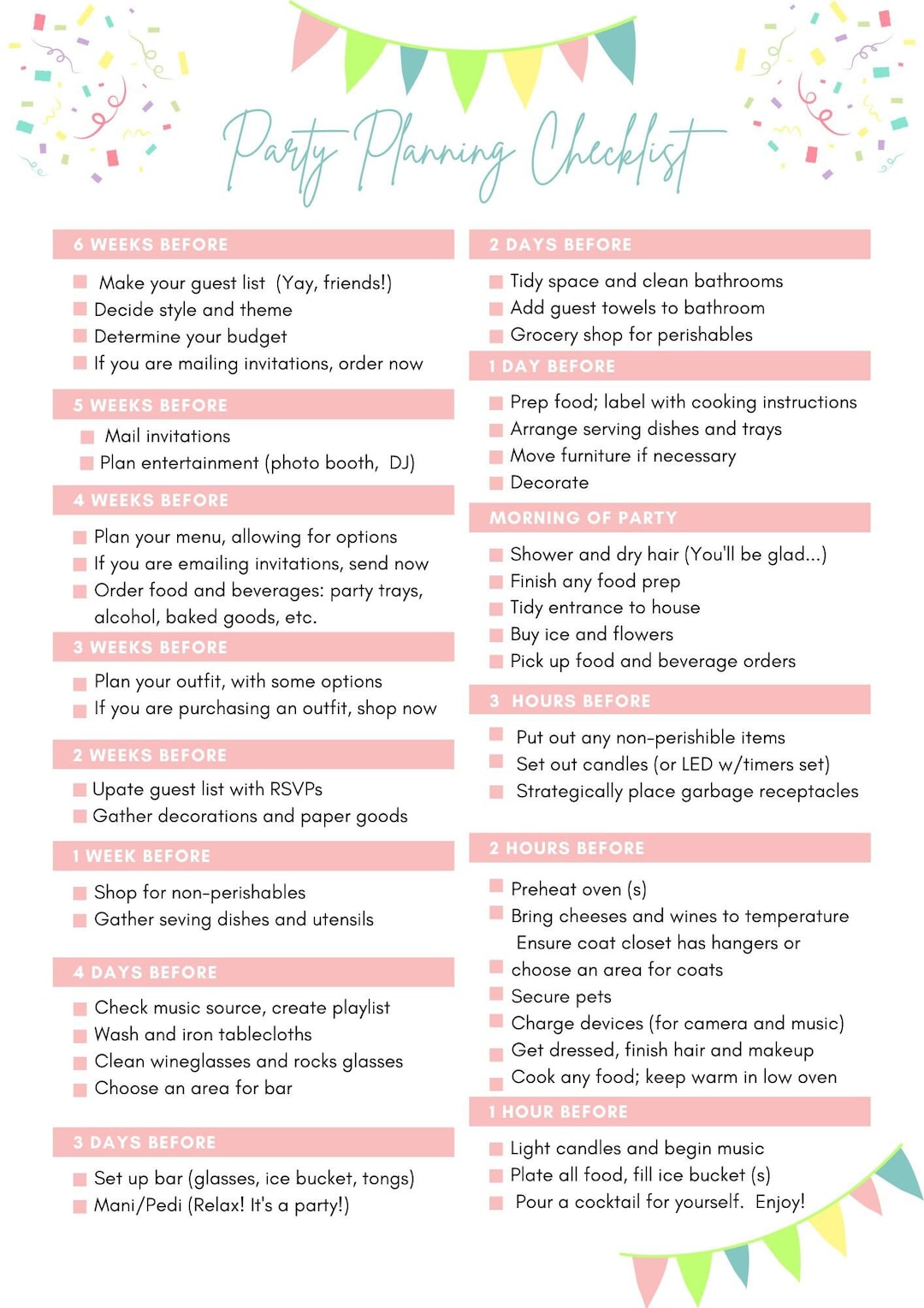 Party Planning Checklist and Tips (Instant Download) - Etsy