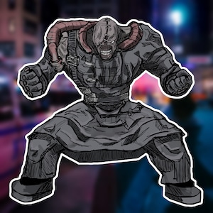 May include: A black and white illustration of a monstrous figure with a stitched-up face, wearing a dark apron and a large, fleshy tube around its neck. The figure is in a fighting stance with its fists clenched.