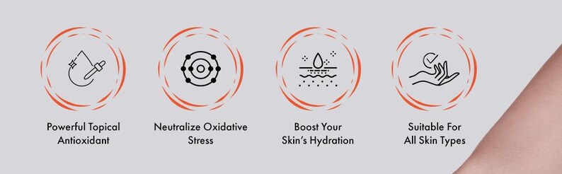 May include: Four circular icons with orange outlines and text. The icons read: Powerful Topical Antioxidant, Neutralize Oxidative Stress, Boost Your Skin's Hydration, and Suitable For All Skin Types. The background is light gray.