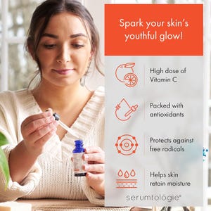 May include: A woman holding a blue serum bottle with a dropper. The image includes text that says "Spark your skin's youthful glow!" and highlights the serum's benefits: high dose of Vitamin C, packed with antioxidants, protects against free radicals, and helps retain moisture.