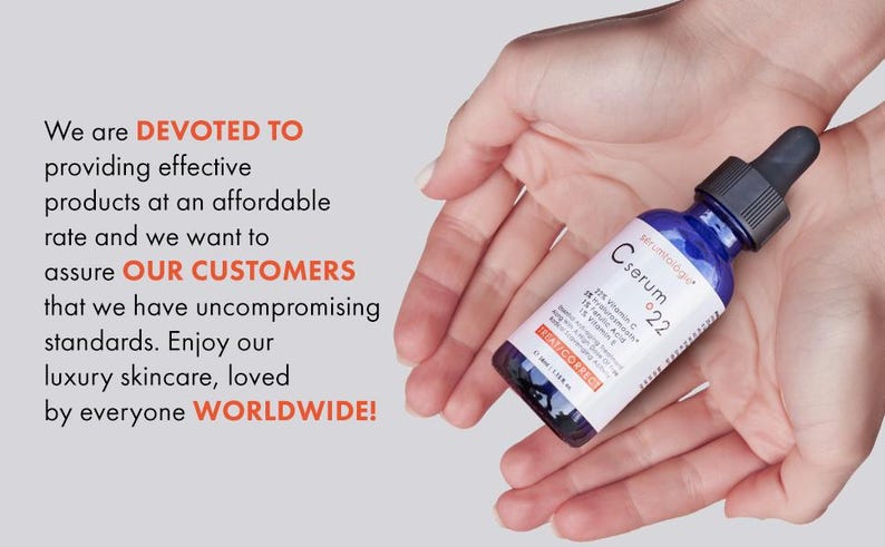 May include: A blue serum bottle with a black dropper is held in open hands. The bottle has a white label with text that reads "C serum 22". The text "We are devoted to providing effective products" is also visible.