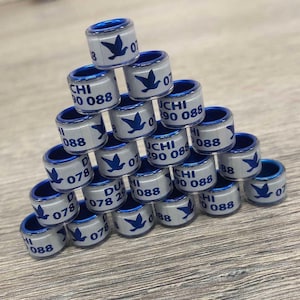 50 anillas de aluminio y plástico para palomas, con logotipo, texto, número y serie, de 7 y 8 mm