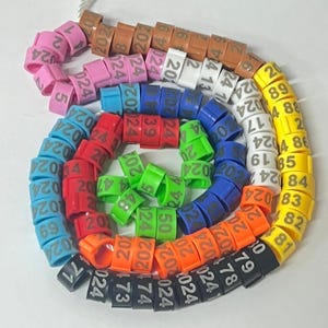 Op de afbeelding: Een verzameling kleurrijke plastic ringen met daarop gedrukte nummers. De ringen zijn in een cirkel gerangschikt, met de nummers naar buiten gericht. De ringen zijn in verschillende kleuren, waaronder rood, blauw, groen, geel, oranje en zwart.