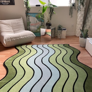 Wavy Rug, Maximalist Decor, Funky Design, Custom Wool Rug, Irregular Area Rug, Green Rug, Retro Rug, Unique Hallway Runner, Fun Decor