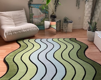 Green Wavy Wool Rug: Funky Maximalist Decor