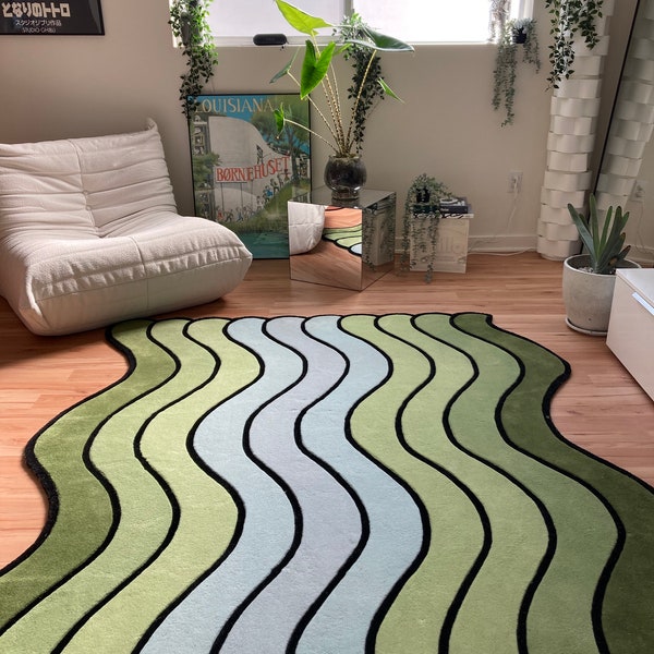 Wavy Rug, Green Area Rug, Funky Rug, Large Area Rug, Maximalist Home Decor, Groovy Rug, Squiggle Rug, Shades of Green, Retro, Unique, Custom