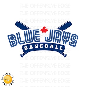 May include: A Blue Jays baseball team logo in blue, with a red maple leaf. The team name is displayed above the word "BASEBALL". Two blue baseball bats are crossed behind the text. The logo is set against a white background.