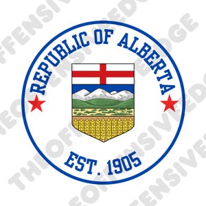 May include: A circular emblem with a blue border and the text "REPUBLIC OF ALBERTA" and "EST. 1905". The emblem features a shield with a red cross on a white background, mountains, and wheat. Two red stars are on either side.