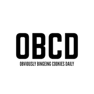 May include: Black and white graphic with the letters "OBCD" in a bold font. Below the letters, the text reads "OBVIOUSLY BINGEING COOKIES DAILY" in a smaller font. The image is on a white background.