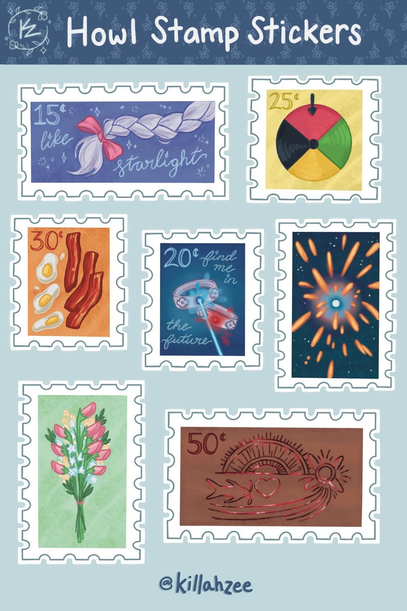 K&ouml;nnte beinhalten: Ein Bogen mit Howl-Stempelaufklebern mit verschiedenen Designs. Die Briefmarken zeigen Illustrationen eines Zopfes mit einer Schleife, eines Farbkreises, Speck und Eiern, Ringen mit einem Laser, Feuerwerk, einem Blumenstrau&szlig; und einer Sonne mit einem Herzen.