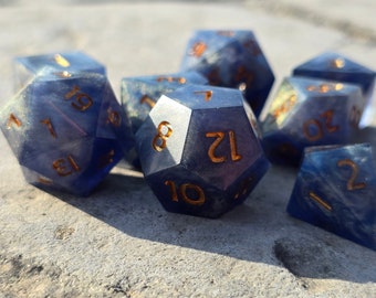 Golden Blue Sharp Edge Dice Set. Dice. DnD Dice. TTRPG dice.