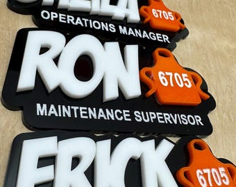 Personalized Hardware Name Tag WHITE, magnetic & pin. THD