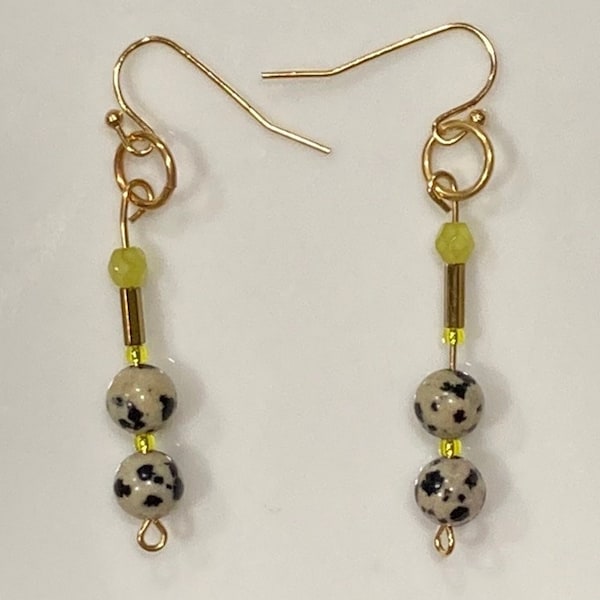 Funky Dalmatian Jasper & Lemon Bead Earrings - Gemstone Earrings - Crystal Earrings