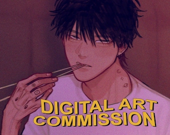 May include: A digital art commission advertisement featuring a man with black hair eating with chopsticks. The text "DIGITAL ART COMMISSION" is in yellow letters on a white shirt.