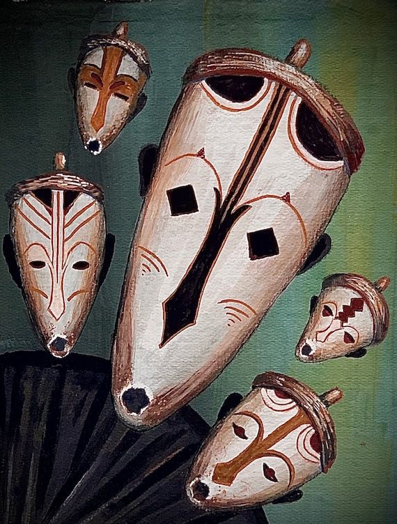Songye Mask, Archival Print - Gouache, A4