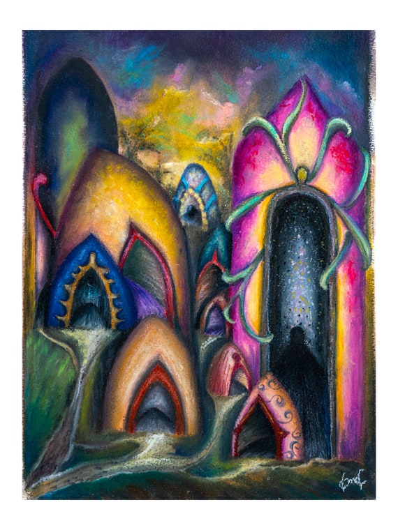 Dogon Village,  Archival Print - Oil Pastel, 9x12