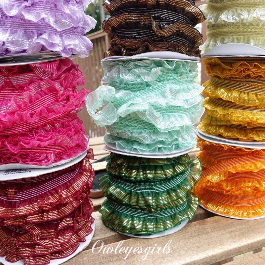 Multi Colored Ruffles Lace 3yards*2cm Ruffle Sparkling Candy-colored Elastic Organza Trim ...