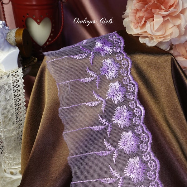 SALE！3yards！9cm wide Floral Polyester Embroidered purple trim Lace