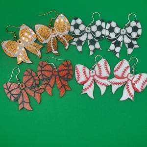 Sports Bow Earrings | Baseball, Softball, Basketball, Football, or Soccer Glitter Earrings | Game Day Jewelry | Sports Mom Gift